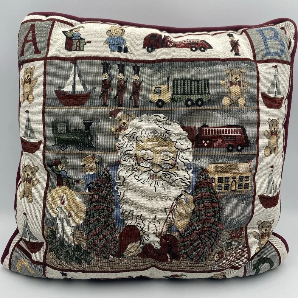 Christmas Tapestry Throw Pillow‎ Santa's Workshop Toys Blocks Bear Sewing 16x16